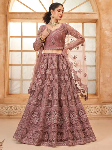 Captivating Mauve Embroidered Net Reception Wear Lehenga Choli - Ethnic Plus In